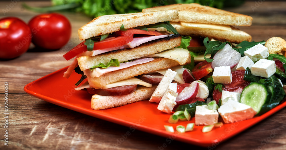 Light summer quick Breakfast , ham sandwich and fresh salad .