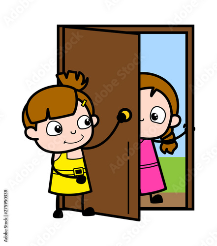 Welcoming Her Friend - Cute Girl Cartoon Character Vector Illustration