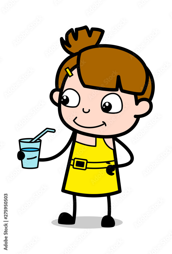 Holding a Glass of Water - Cute Girl Cartoon Character Vector Illustration