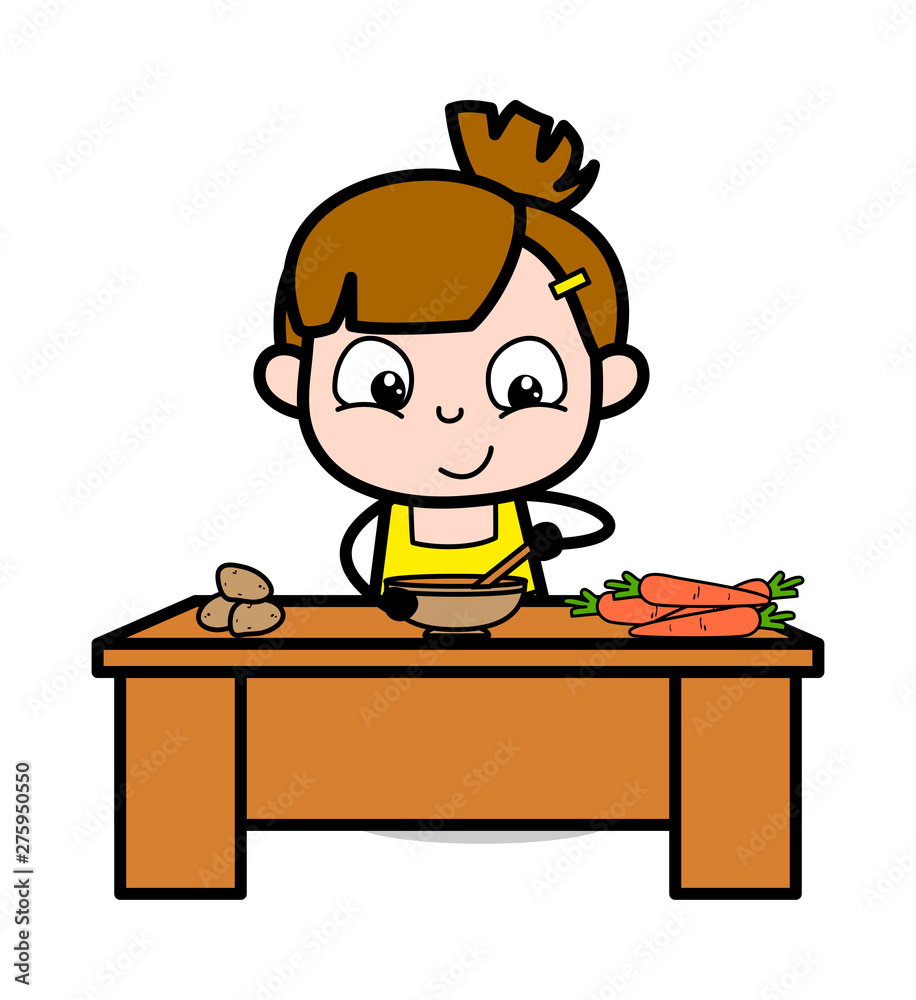 Preparing Food for Breakfast - Cute Girl Cartoon Character Vector Illustration Preparing Food for Breakfast - Cute Girl Cartoon Character Vector Illustration