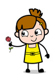 Presenting Rose - Cute Girl Cartoon Character Vector Illustration