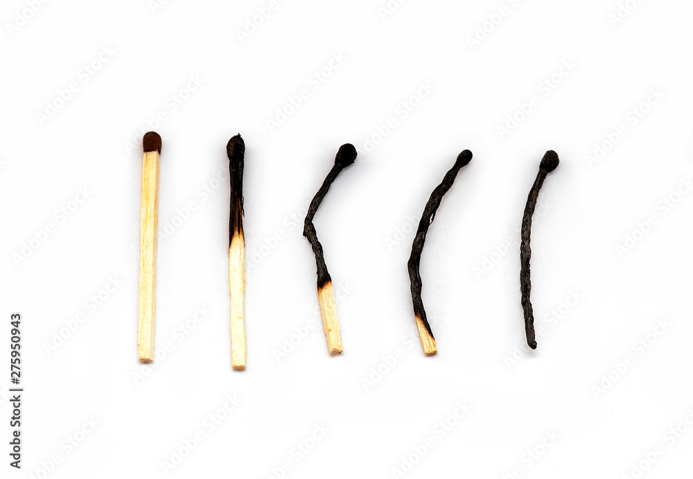 Five match isolated on white Background, set with Stages of Match burning Five match isolated on white Background, set with Stages of Match burning