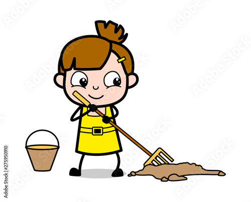 Cleaning Dust and Junk - Cute Girl Cartoon Character Vector Illustration