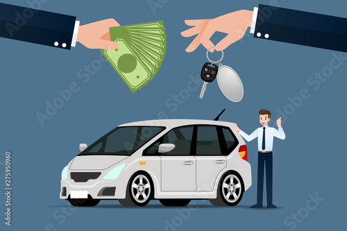 The car dealer's make an exchange, sale, rent between a car and the customer's credit card. Vector illustration design.