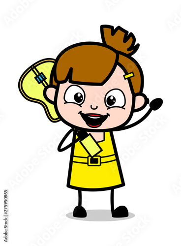 Holding a Guitar and Waving Hand - Cute Girl Cartoon Character Vector Illustration