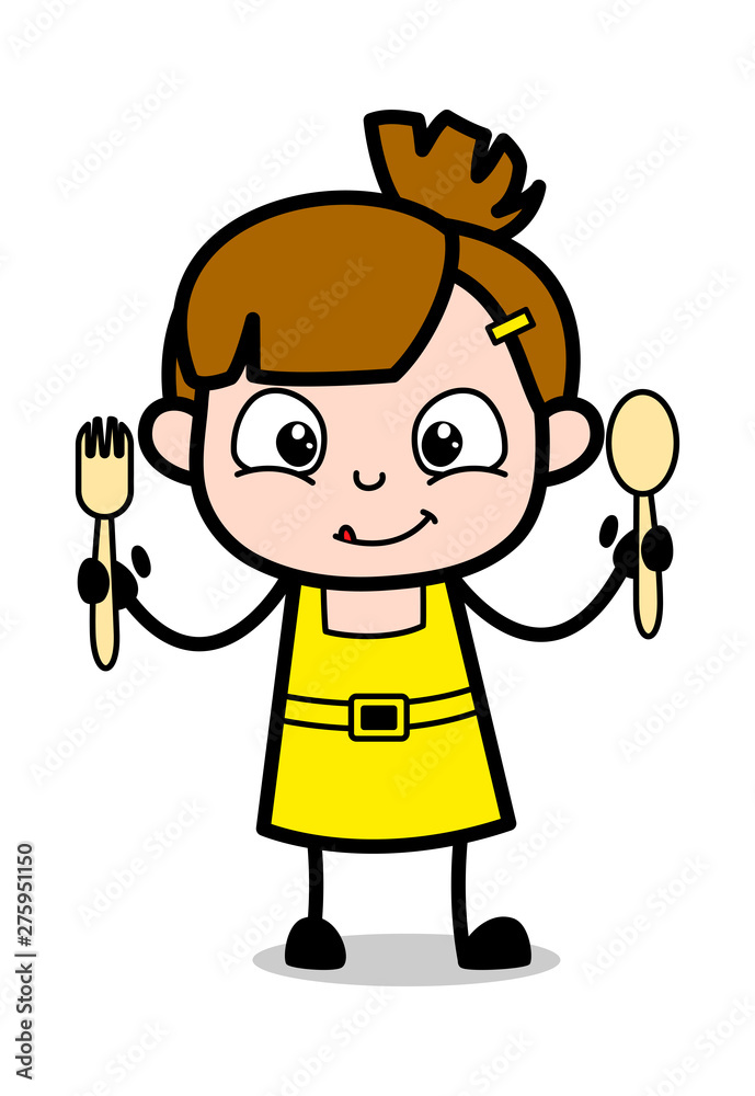 Showing Spoons Variety - Cute Girl Cartoon Character Vector Illustration