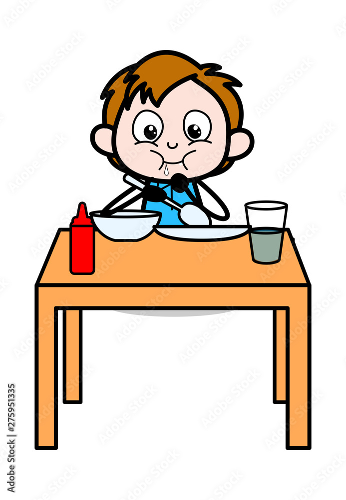 Having Dinner - School Boy Cartoon Character Vector Illustration
