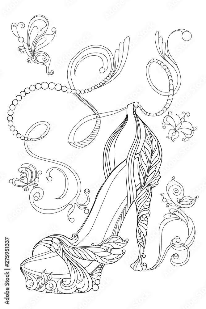 Shoe witch butterflies. Coloring books for adults. Standard picture for a t-shirt or tattoo. 
