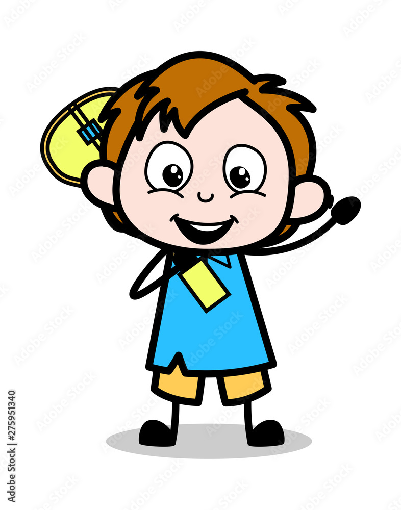 Holding a Guitar and Waving Hand - School Boy Cartoon Character Vector Illustration Holding a Guitar and Waving Hand - School Boy Cartoon Character Vector Illustration