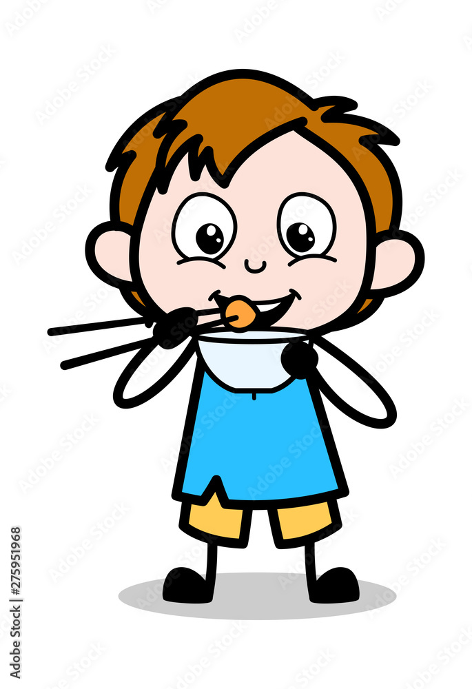 Kid Eating Food with Chopsticks - School Boy Cartoon Character Vector Illustration Kid Eating Food with Chopsticks - School Boy Cartoon Character Vector Illustration