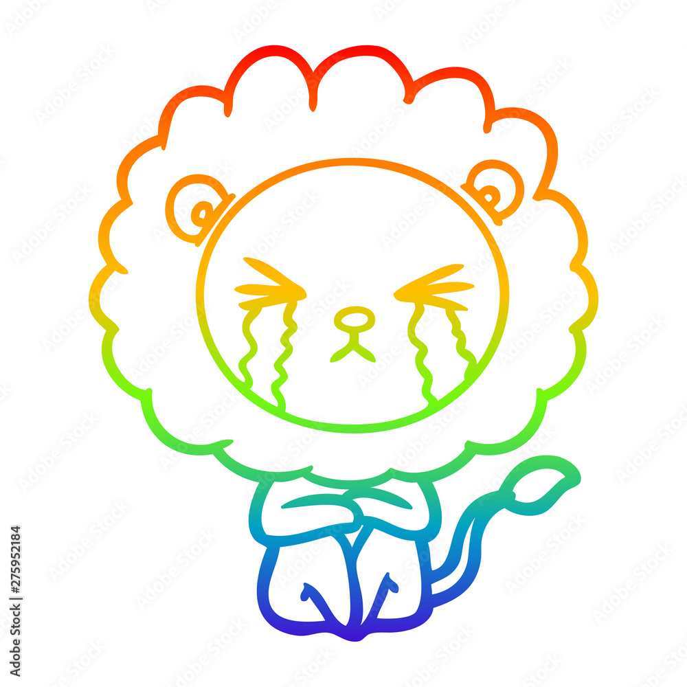 rainbow gradient line drawing cartoon crying lion sitting huddled up