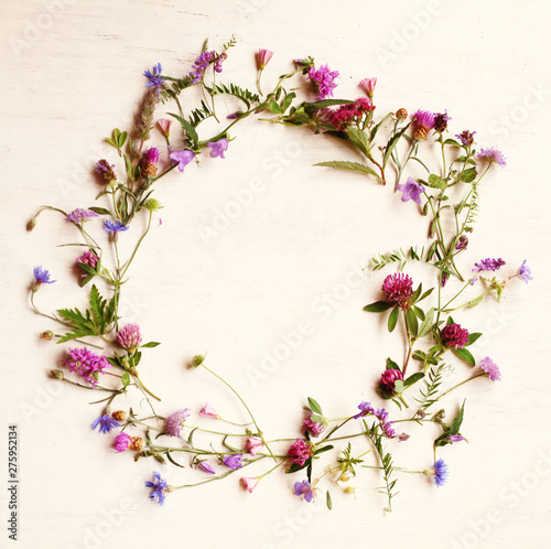 meadow flowers in  the wreath shape  on the white background view from above /summer holidays concept/healing herbs © Jane