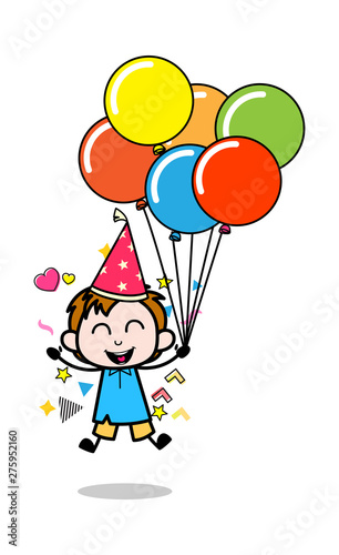Holding Bunch of Balloons and Celebrating Birthday - School Boy Cartoon Character Vector Illustration