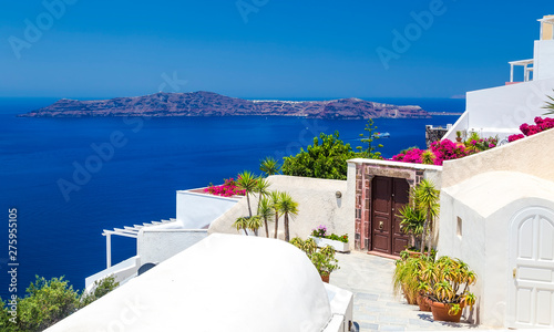door to the hotel on the hillside among the white architecture overlooking the sea and the Caldera  Santorini  Greece