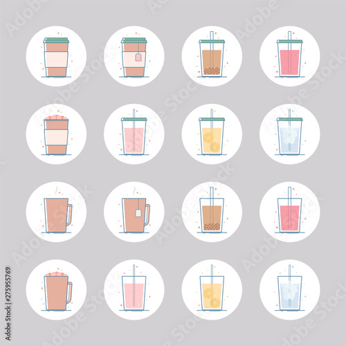 Vector set of beverage icons. Hot drinks - coffee, tea, cocoa, hot chocolate with marshmallow. Cold - lemonade, soda pop, smoothie, bubble tea, ice tea. Isolated in circle. Flat design.