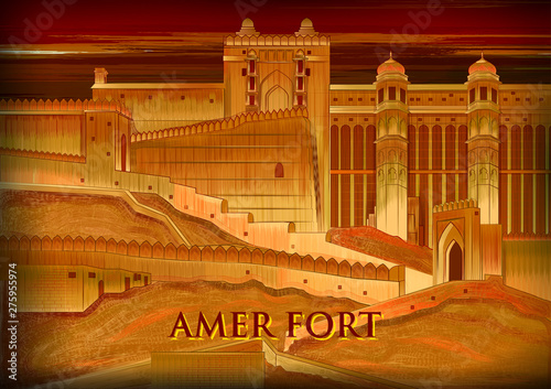 vector illustration of Historical monument Amer Fort in Amer, Rajasthan, India