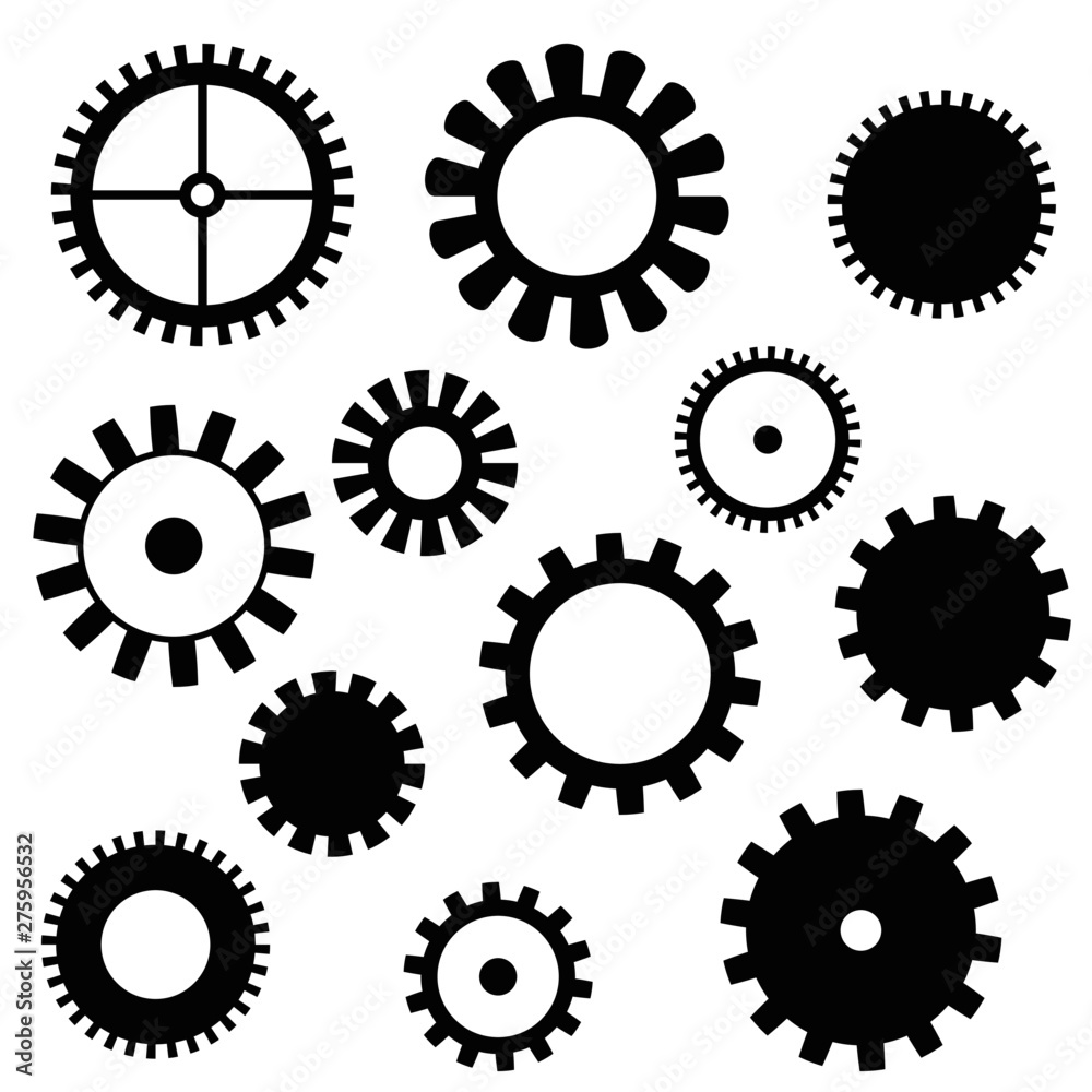 a set of gears of different shapes black on a white background