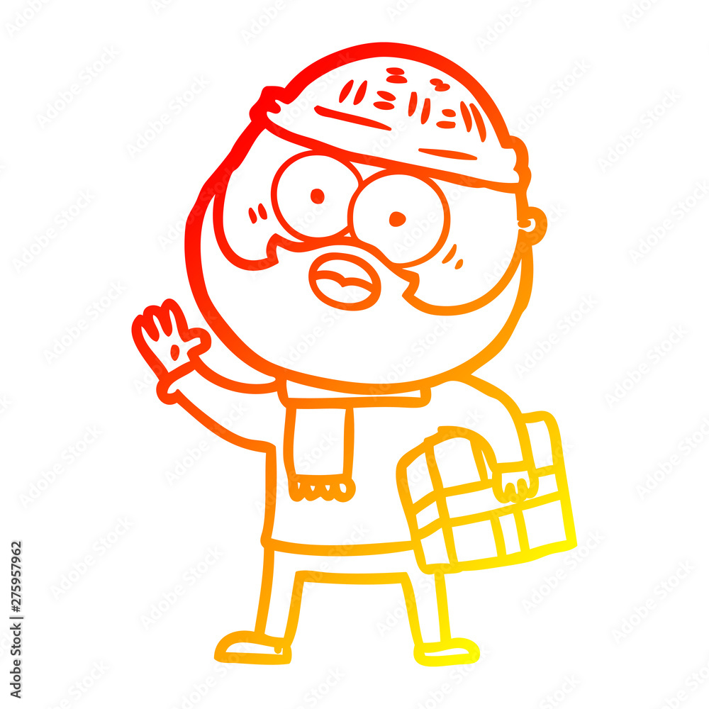 warm gradient line drawing cartoon bearded man with present