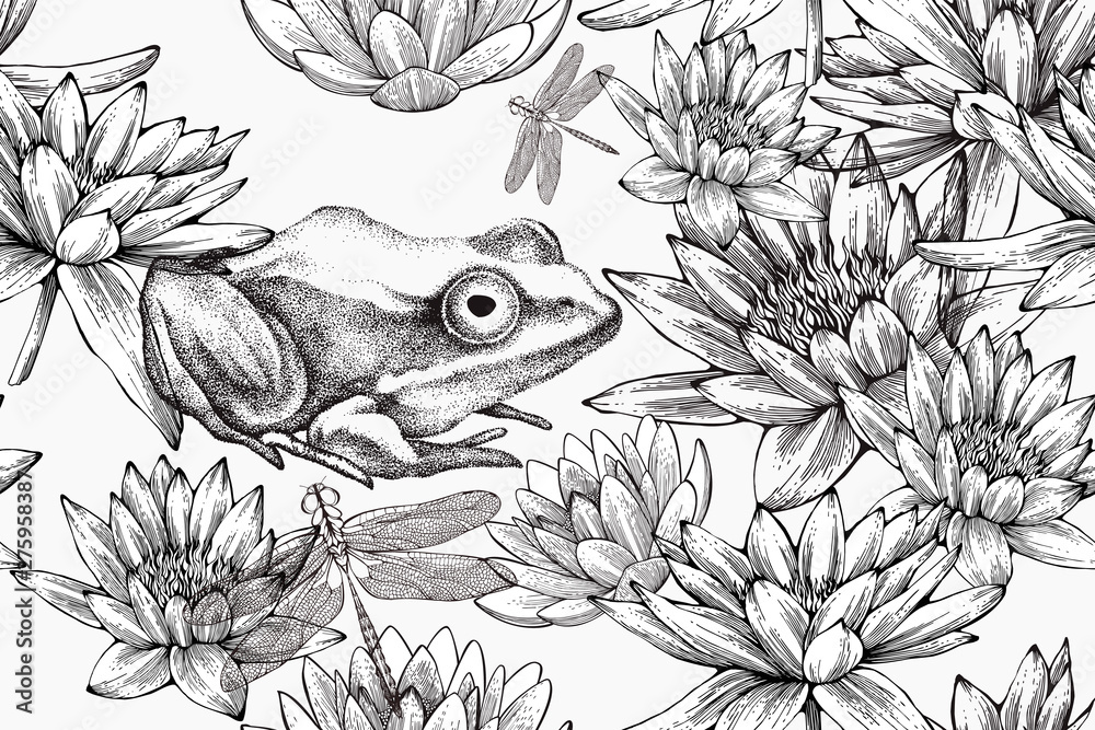 custom made wallpaper toronto digitalFrog with water lilies, seamless pattern. Hand-drawn, vector illustration.