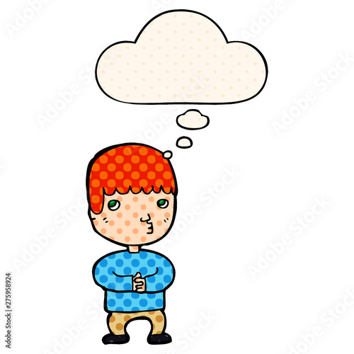 cartoon man thinking and thought bubble in comic book style