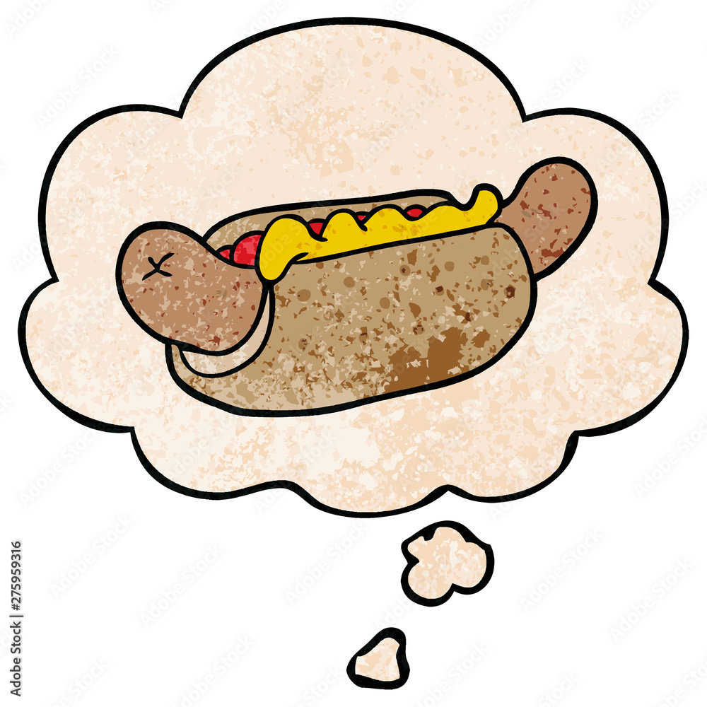 cartoon hot dog and thought bubble in grunge texture pattern style cartoon hot dog and thought bubble in grunge texture pattern style