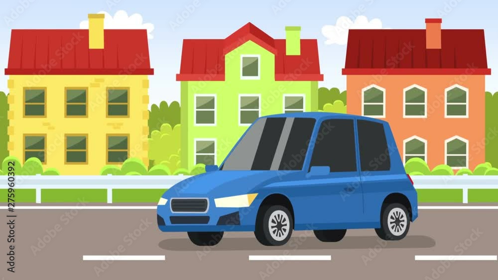 Cartoon blue auto car flat animation driving rides around town side ...