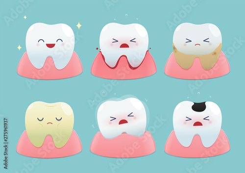 Set of cute little teeth on blue background - Total health and Dental problems - illustration and vector design