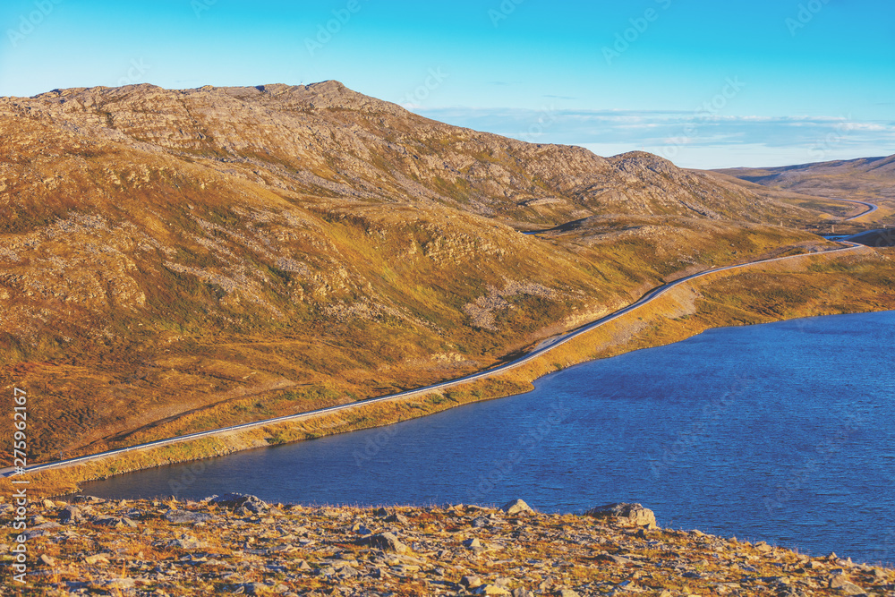 Beautiful lake at sunset. Wild nature Norway.  Nordkapp, Mageroya island.