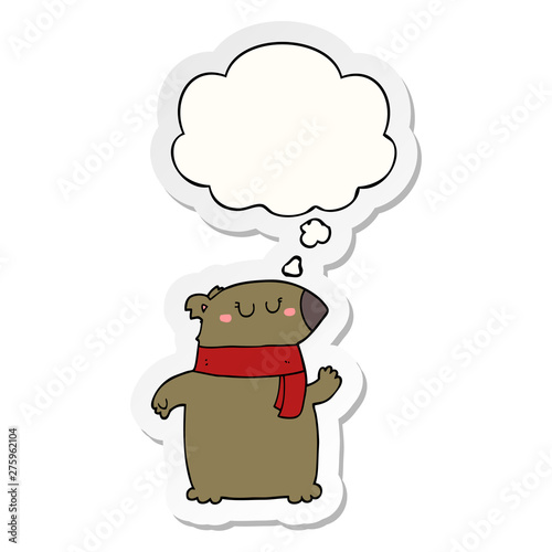 cartoon bear with scarf and thought bubble as a printed sticker