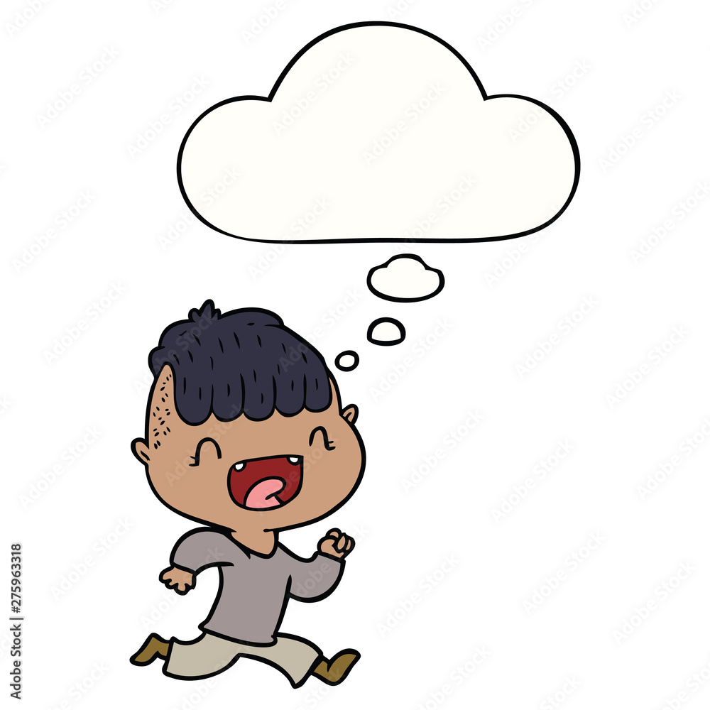 cartoon happy boy laughing and running away and thought bubble cartoon happy boy laughing and running away and thought bubble