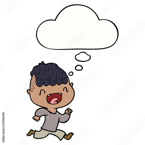 cartoon happy boy laughing and running away and thought bubble