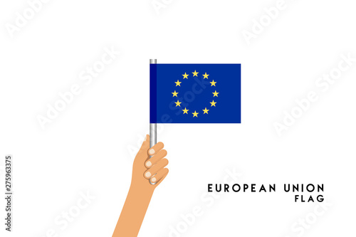 Vector cartoon illustration of human hands hold European Union flag. Isolated object on white background. © stocktr