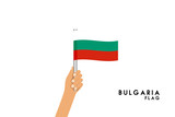 Vector cartoon illustration of human hands hold Bulgarian flag. Isolated object on white background.