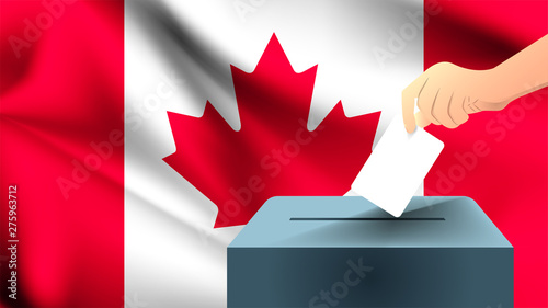 Male hand puts down a white sheet of paper with a mark as a symbol of a ballot paper against the background of the Canada flag, Canada the symbol of elections