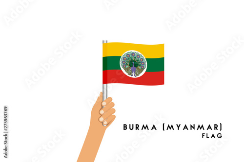 Vector cartoon illustration of human hands hold Burma  Myanmar  flag. Isolated object on white background.