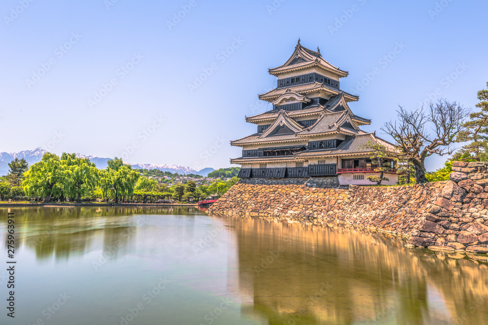 Matsumoto - May 25, 2019: The castle of Matsumoto and the red bridge leading to it, Japan