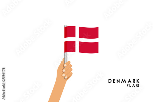 Vector cartoon illustration of human hands hold Denmark flag. Isolated object on white background.