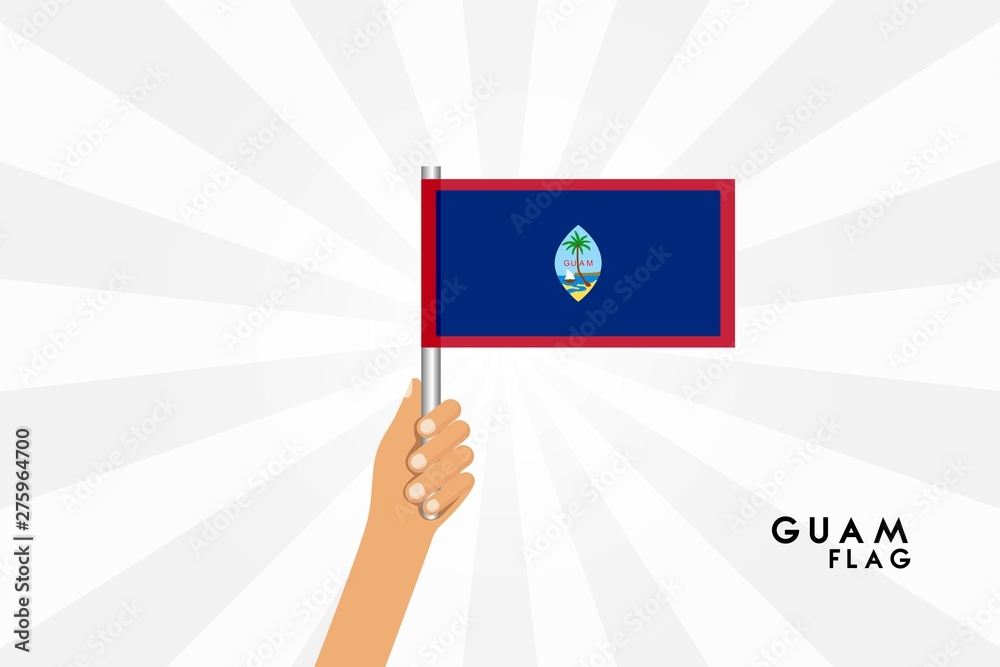 Vector cartoon illustration of human hands hold Guam flag. Isolated object on white background. Vector cartoon illustration of human hands hold Guam flag. Isolated object on white background.