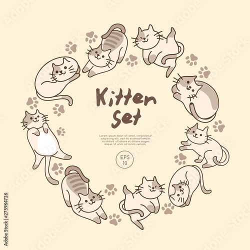 Set of cute kitten isolated on pastel background : Vector Illustration