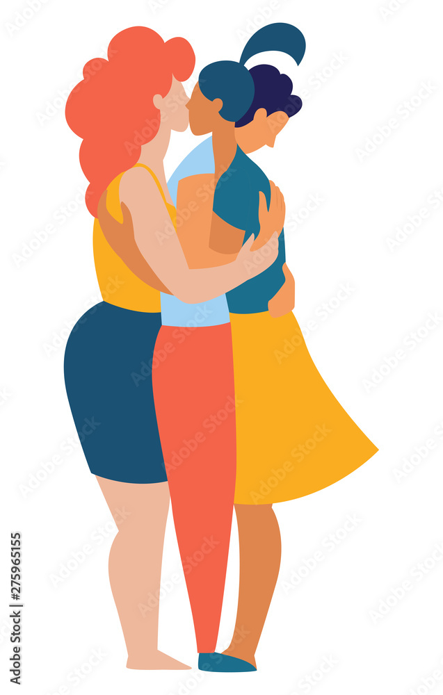 Women and men polyamorist gay homosexual lesbian hugging kissing together. Women and men polyamorist gay homosexual lesbian hugging kissing together.