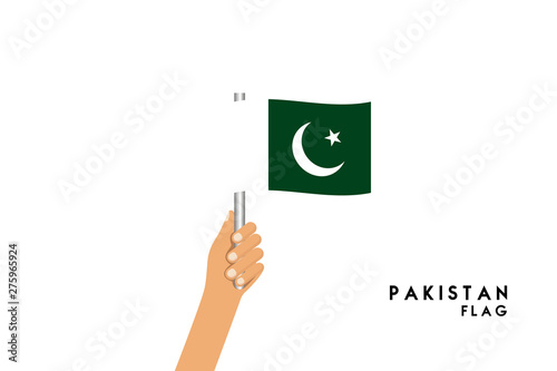 Vector cartoon illustration of human hands hold Pakistan flag. Isolated object on white background.