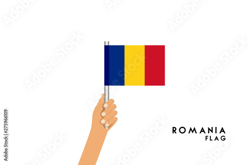 Vector cartoon illustration of human hands hold Romania flag. Isolated object on white background.