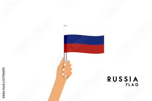 Vector cartoon illustration of human hands hold Russian flag. Isolated object on white background.