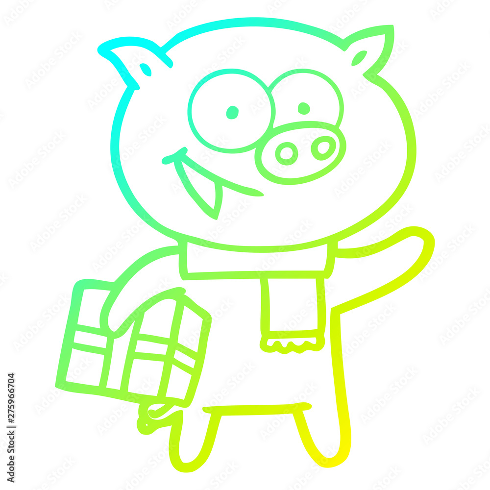 Obraz premium cold gradient line drawing cheerful pig with christmas gift