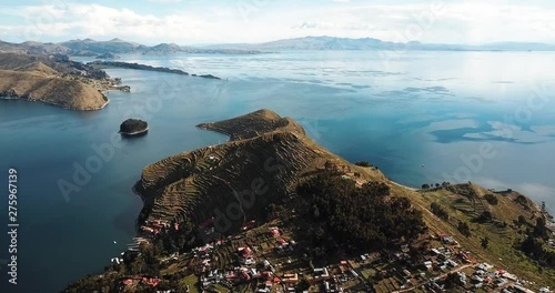 Island of the sun at lake Titicaca in Bolivia aerial footage photo
