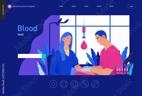 Medical tests Blue template - blood test - modern flat vector concept digital illustration of blood test procedure - patient and doctor with syringe and test tubes, medical office or laboratory