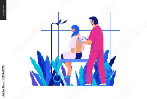 Medical tests Blue illustration -auscultation -modern flat vector concept digital illustration, stethoscope examination procedure -patient and doctor carrying out procedure, medical office, laboratory