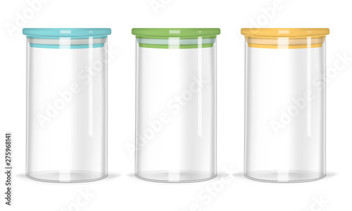 Glass jars with airtight seal colorful lids, realistic vector mockup. Clear empty food containers isolated on white background, template