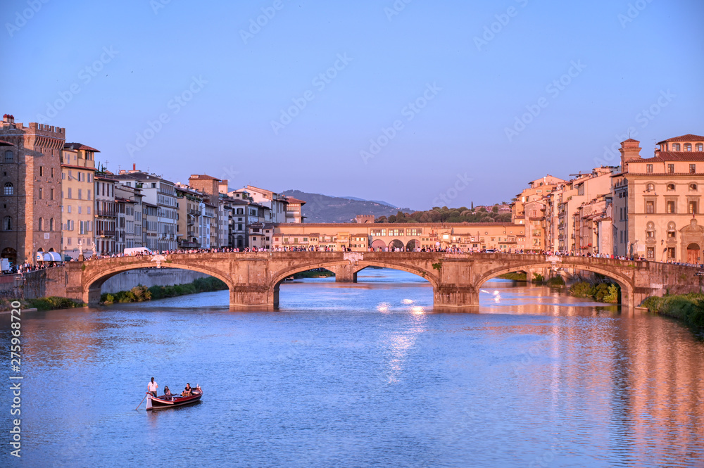 June 6, 2019 - Florence, Italy - A view of the Arno River and the Ponte Vecchio in Florence, Italy.