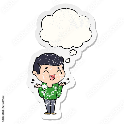 cartoon laughing confused man and thought bubble as a distressed worn sticker